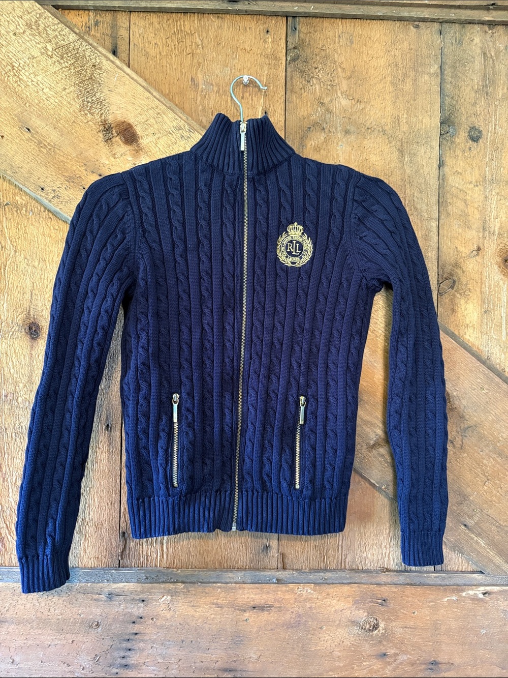 Ralph Lauren Navy Cable-Knit Zip Cardigan with Crest